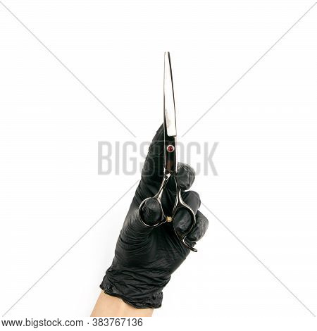 Gloved Hand Holding A Black Scisors On An Isolated White Background.