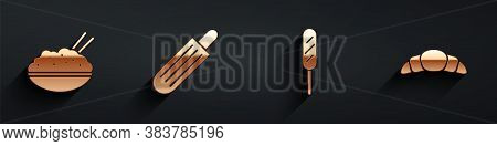 Set Rice In A Bowl With Chopstick, French Hot Dog, Corn Dog And Croissant Icon With Long Shadow. Vec