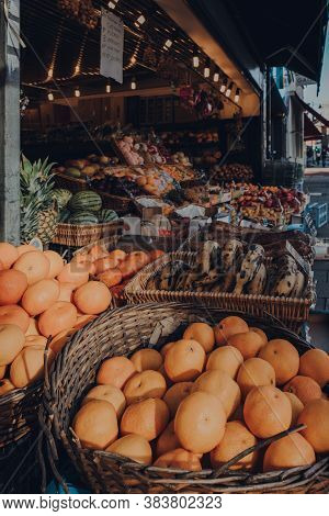 London, Uk - August 20, 2020: Variety Of Fruits And Vegetables On Sale Outside All Greens Store In C