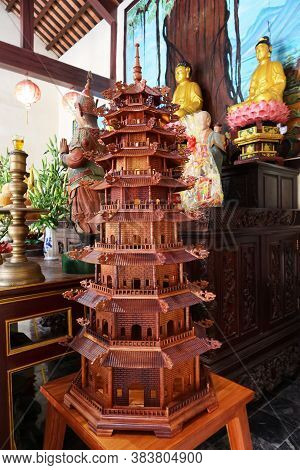 Hoi An, Vietnam, February 21, 2020: Nine-story Wooden Pagoda Inside The Chùa Phước Lâm Temple. Hoi A