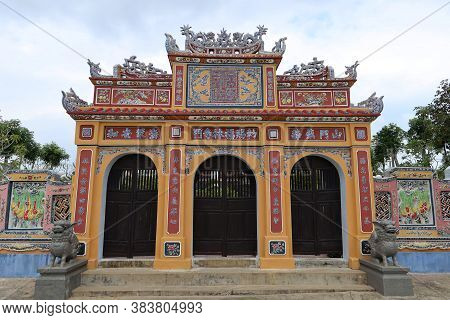 Hoi An, Vietnam, February 21, 2020: The Three Entrance Gates Of The Chùa Phước Lâm Temple. Hoi An, V