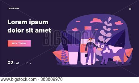 Happy Young Farmer Standing Near Cow Flat Vector Illustration. Man Holding Bucket With Milk. Fresh M