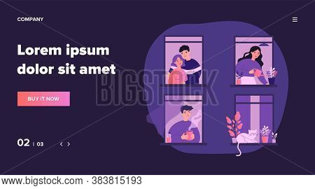 Neighbor People And Cat Life Through Open Windows. Housemates Hugging, Watering Houseplants, Drinkin
