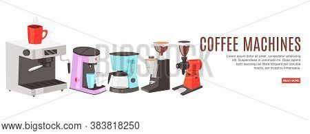 Inscription Coffee Machines, Colorful Banner, Machine Shop, Order Site, Design Cartoon Vector Illust