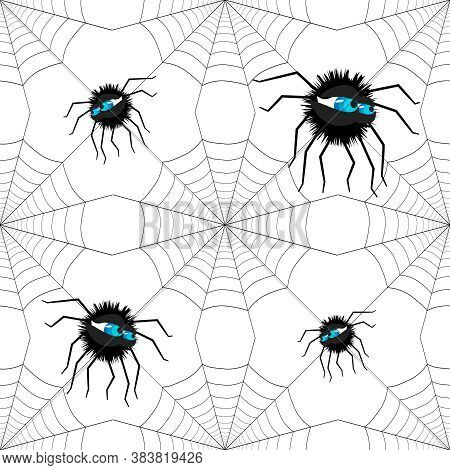 Spiders On Webs Seamless Pattern On White Background Repeats Seamlessly. Creative Creepy Background 