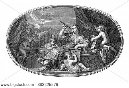 Ceiling piece with the personification of Zichtkunde. She looks at the sky through a stargazer, vintage engraving.