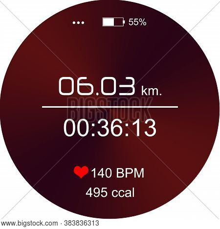 Smart Watch Displaying Time Interval, Distance, Heart Rate And Burnt Calories Amount In Fitness Moni