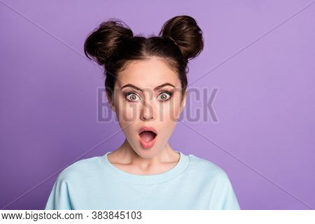 Portrait Of Astonished Girl Youth Look Wonderful Coronavirus News Impressed Feel Voiceless Speechles