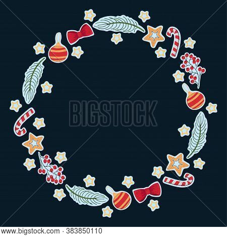 Vector Christmas Wreath Template. Hand Draw Frame. Use It As Invitation, Greeting Card, Poster, Bann