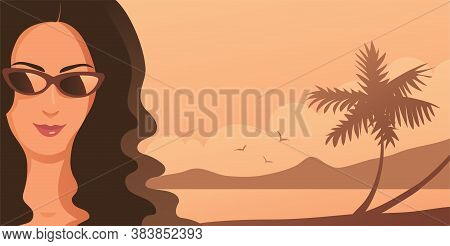 Beautiful Young Woman In Sunglasses And With Her Hair Down. Against The Backdrop Of A Tropical Seasi