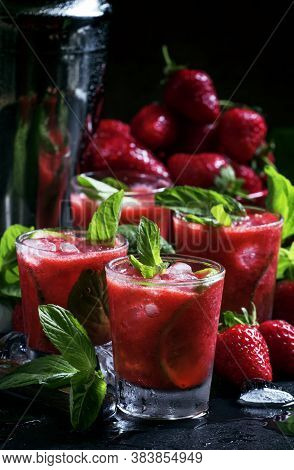 Traditional Brazilian Alcoholic Cocktail, Strawberry Caipirinha With Cachaca, Sugar Syrup, Lime, Min