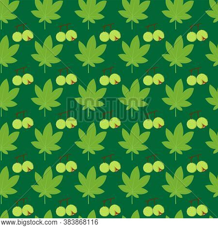Pattern Of Leaves And Chestnuts On A Green Background