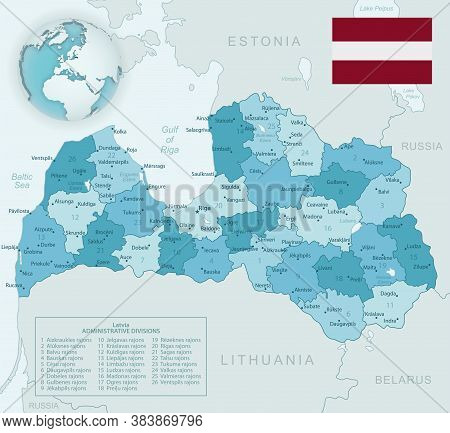Blue-green Detailed Map Of Latvia Administrative Divisions With Country Flag And Location On The Glo