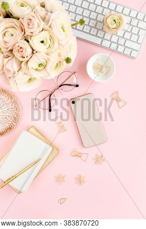 Stylized, Pink Womens Home Office Desk. Workspace With Computer, Bouquet Ranunculus And Roses, Phone