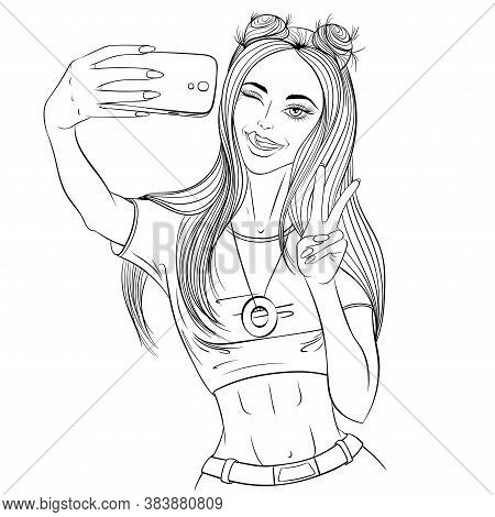 Young Woman Winking And Sticking Out Her Tongue Taking Selfie With A Gesture Peace. The Glamourus La