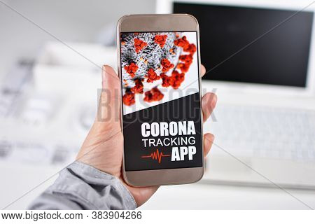 Corona Virus Tracking App Concept With Hand Holding Cell Phone With Application Design On Screen In 