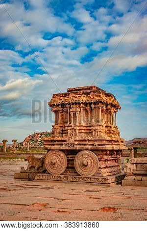Hampi Stone Chariot The Antique Stone Art Piece From Unique Angle With Amazing Blue Sky Image Is Tak