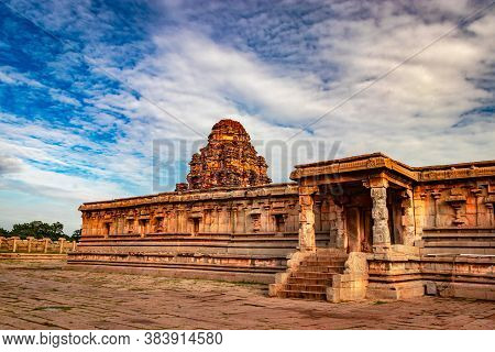 Vithala Temple Hampi Ruins Antique Stone Art From Unique Angle With Amazing Blue Sky