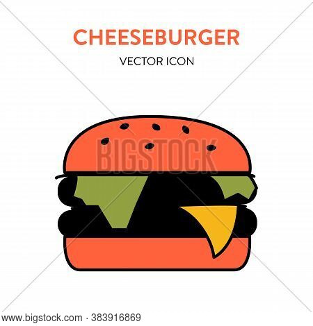 Burger Colorful Icon. Vector Illustration Of A Big Hot Delicious Cheeseburger With Meat, Melting Che
