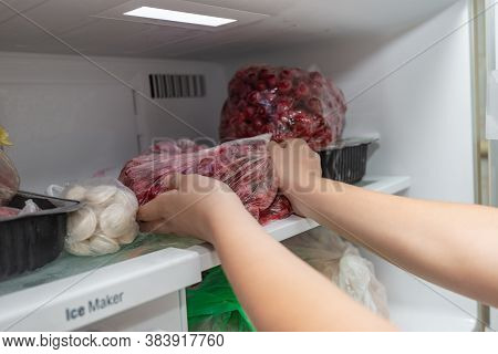 A Woman Puts Frozen Fruit Products In The Freezer, For Long-term Preservation.