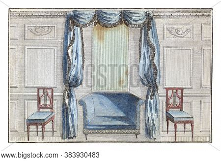 Cabinet des Modes or New Modes, 15 Jul 1786, pl. III, A.B. Duhamel, after Pugin, 1786 Interior, vintage engraving.