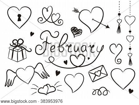 Set Of Hand Drawn February Elements Isolated On White Background. Love Icons In Doodle Style. Hearts