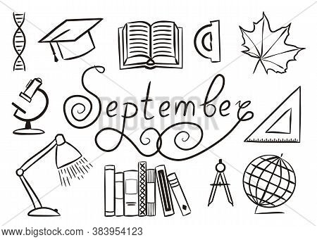 Set Of Hand Drawn September Elements Isolated On White Background. School Icons In Doodle Style. Boo