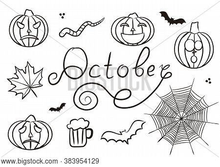 Set Of Hand-drawn October Elements Isolated On White Background. Halloween Icons In Doodle Style. A 