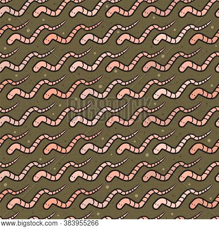 Seamless Halloween Vector Pattern. Hand-drawn Pink Worms On A Brown Earth Background. Illustration F