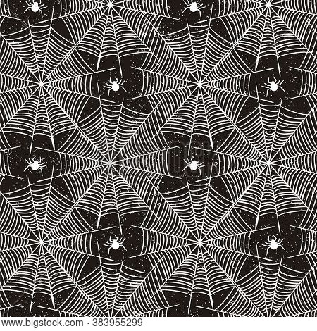 Seamless Halloween Vector Pattern. Hand-drawn Spiders And Spider Webs. White Outlines On A Black Bac