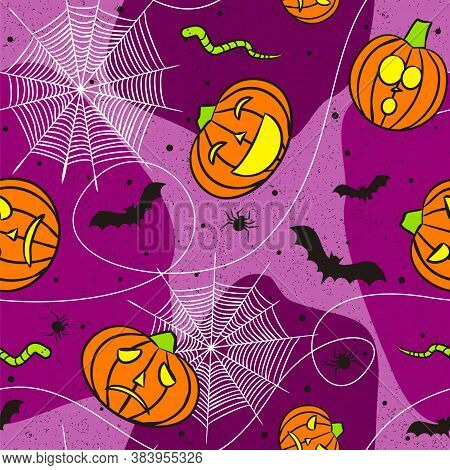 Seamless Halloween Vector Pattern. Hand-drawn Vibrant Orange Pumpkins With Carved Faces On A Spotted