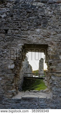 Autumn Landscape Of Old Koknese Castle Ruins And River Daugava Located In Koknese Latvia. Medieval C