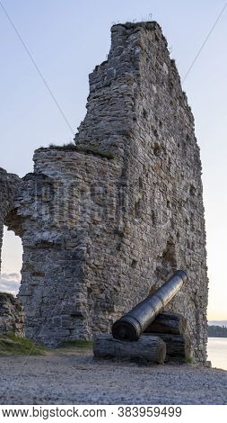 Autumn Landscape Of Old Koknese Castle Ruins And River Daugava Located In Koknese Latvia. Medieval C