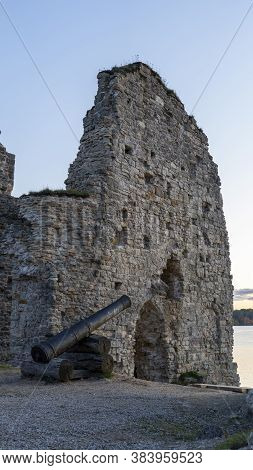 Autumn Landscape Of Old Koknese Castle Ruins And River Daugava Located In Koknese Latvia. Medieval C