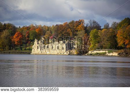 Autumn Landscape Of Old Koknese Castle Ruins And River Daugava Located In Koknese Latvia. Medieval C