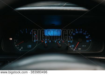 Novosibirsk, Russia - September 05, 2020: Nissan Terrano, New Car Interior Details. Speedometer, Tac