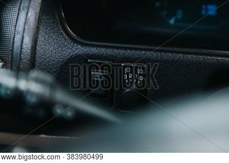 Novosibirsk, Russia - September 05, 2020: Nissan Terrano,  Close-up On The Headlight Switch Control 