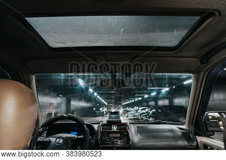 Novosibirsk, Russia - September 05, 2020: Nissan Terrano,  Car Interior. Rear View Of The Windshield