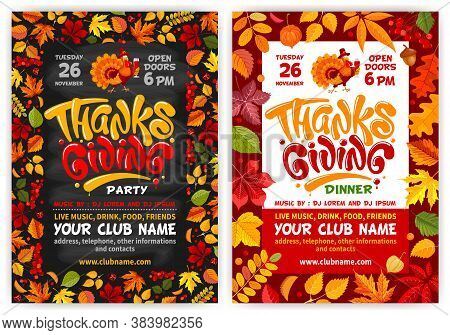 Set Of Flyers Or Posters Vector Templates For Thanksgiving. Black Chalkboard And Red Background With