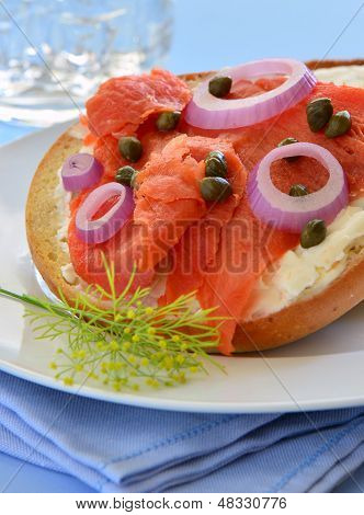 Smoked Salmon Lox On Asiago Cheese Bagel