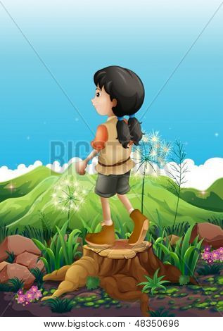 Illustration av en flicka som står ovanför en stubbe 