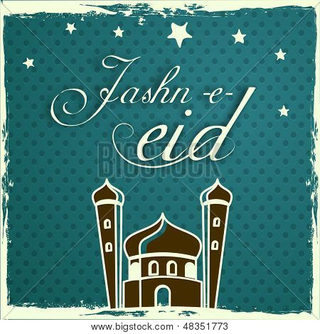 Jashn E Eid (Celebration of Eid Festival) text with mosque design on abstract blue background. 