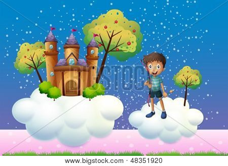 Ilustração de um menino e um castelo flutuante