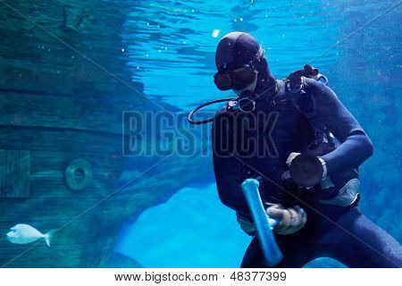 Taucher unter Wasser in der Nähe der versunkenen Segelschiff im Ozeanarium mit Saugnapf und Pinsel für clea