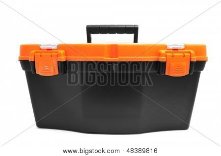 흰색 바탕에 플라스틱 도구 상자의 근접 촬영