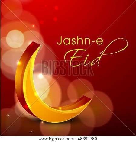 Jashn E Eid (Celebration of Eid Festival) text with golden moon on shiny red background. 