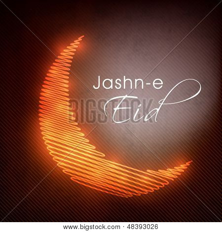 Jashn E Eid (Celebration of festival Eid) text with golden moon on shiny abstract background. 