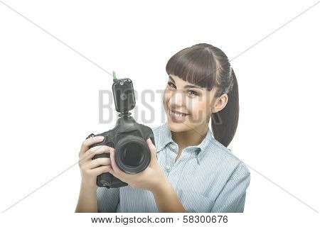 Young Caucasian Female Photographer With  Dslr Camera Prior To Taking Photographs