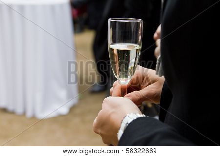 Man in suit holding glass of sekt