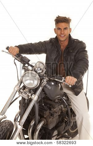 Man Leather Jacket On Motorcycle Sit Happy